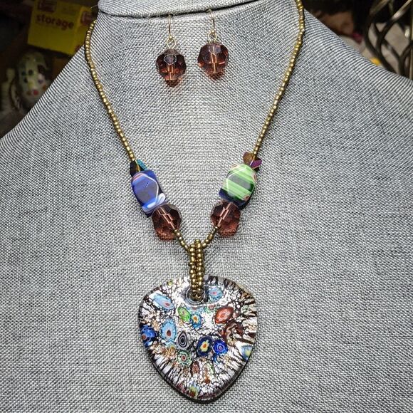 Unique glass multi color hand painted medallion necklace & earrings set - Picture 1 of 13